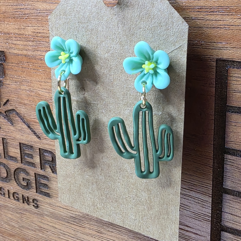 Green Cactus Earrings with Blue Flower